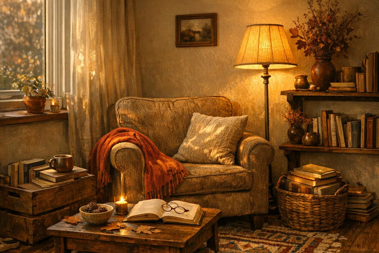 Kącik wolny od ekranów z fotelem i lampą - slow living w mieszkaniu