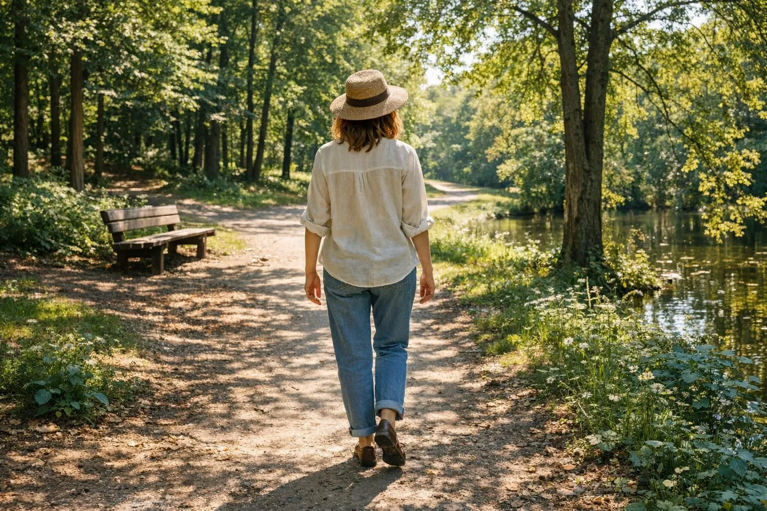 Kobieta spaceruje w parku bez telefonu - slow living i uważność na co dzień