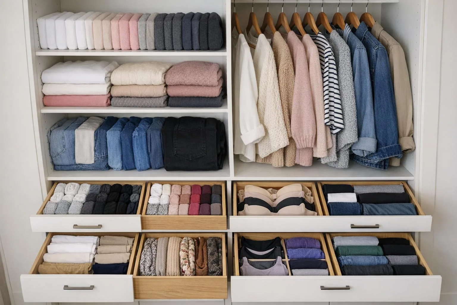 Schludnie posegregowane ubrania metodą KonMari na półkach szafy