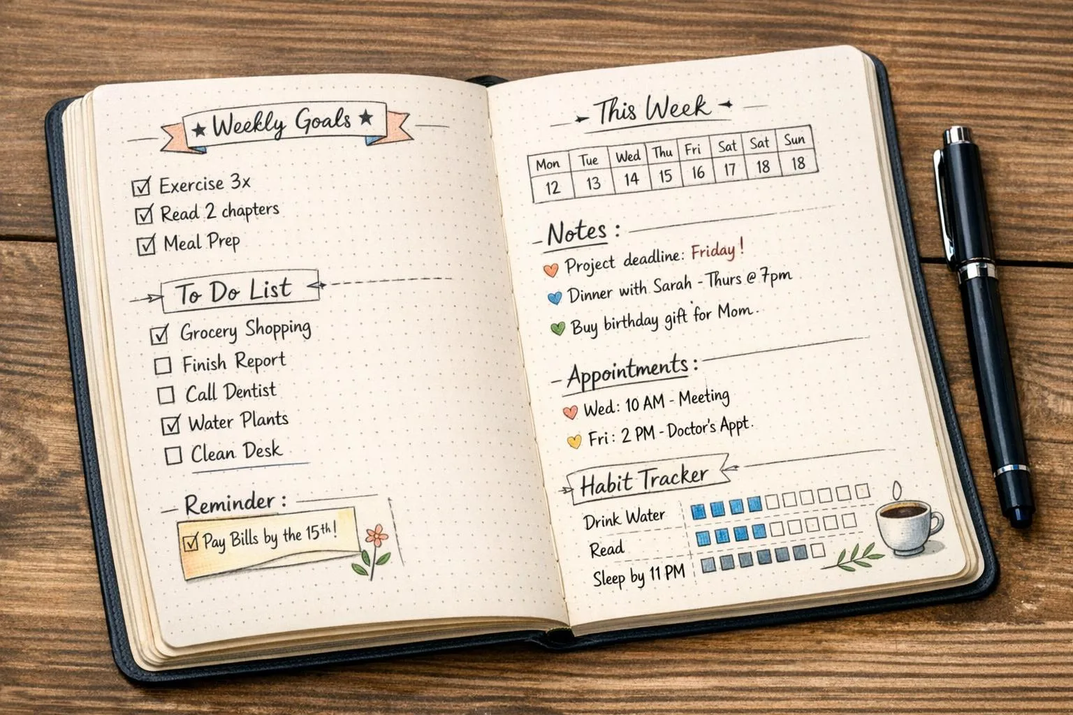 Bullet journal - otwarty notes z planami, zadaniami i refleksjami, długopis obok