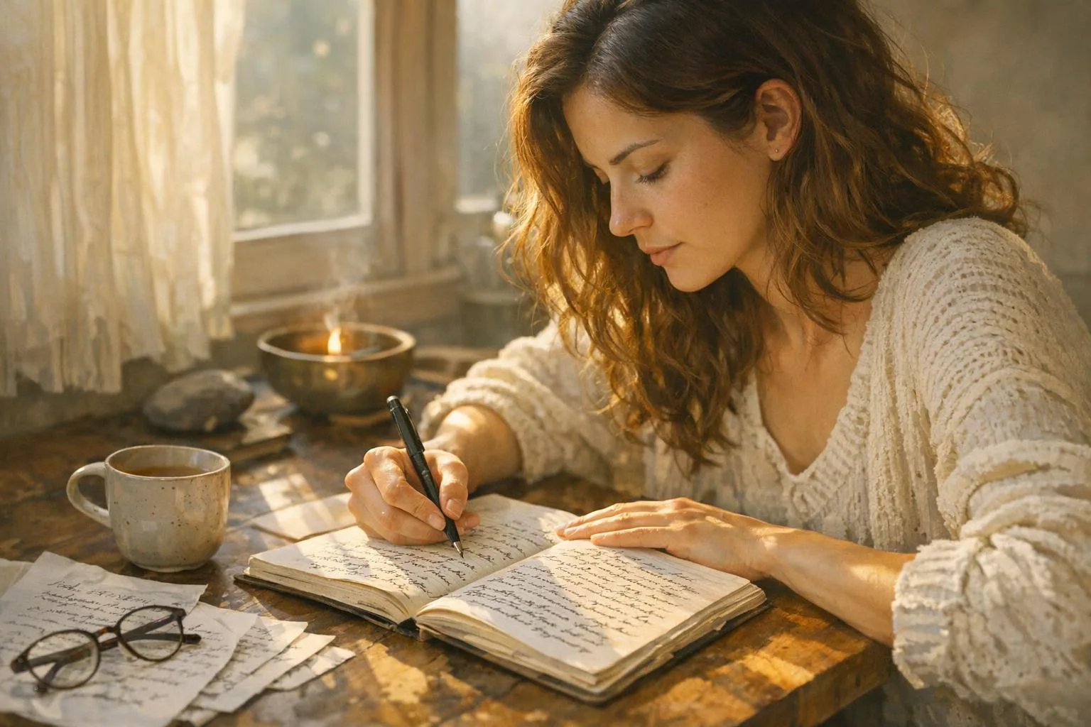 Kobieta przy oknie pisze poranne strony - morning pages jako praktyka ekspresywnego pisania