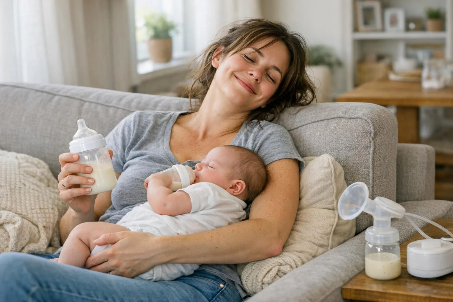 Spokojna mama z niemowlęciem na kanapie - karmienie mieszane w codziennym życiu