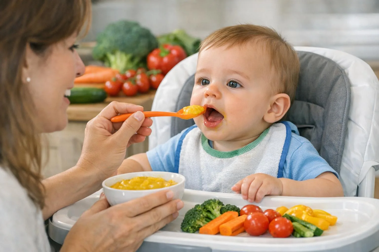 Mama karmi niemowlę łyżeczką purée z warzyw - klasyczne rozszerzanie diety