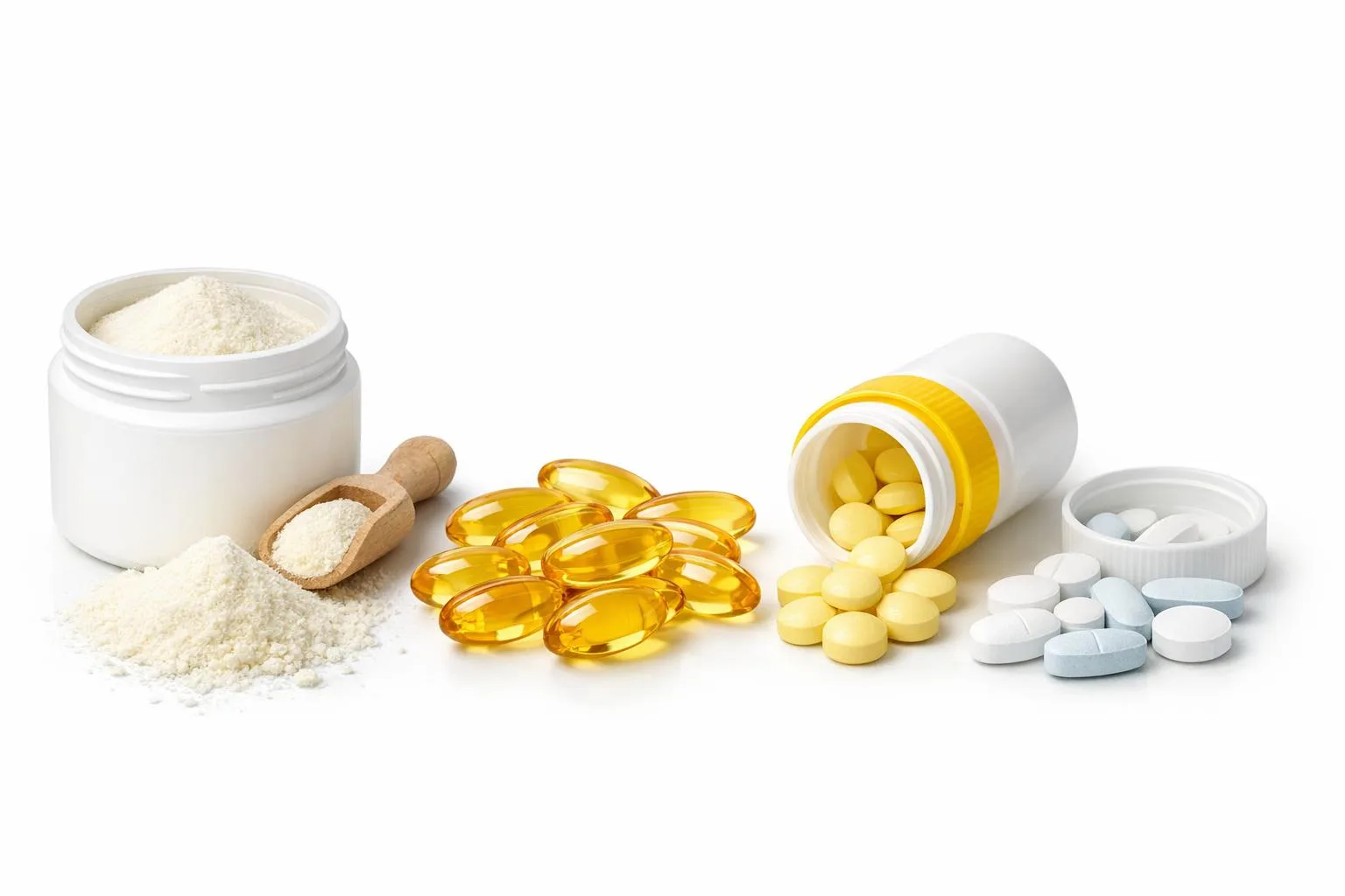 Suplementy na cerę: kolagen, omega-3, witamina D i cynk na białym tle