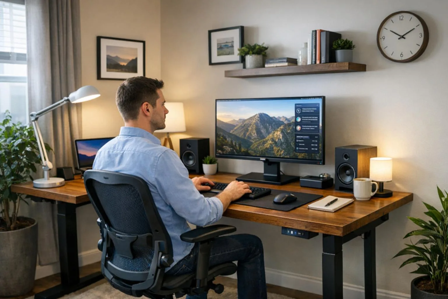 Ergonomiczne stanowisko pracy z monitorem na wysokości oczu - poprawna postura przy biurku